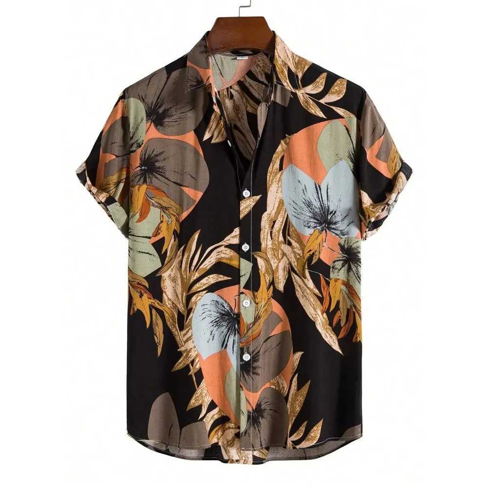 Summer Mens Fashion Hawaiian Collar Shirt Plant Flower Design Short Sleeve Button Top Seaside Top X250410