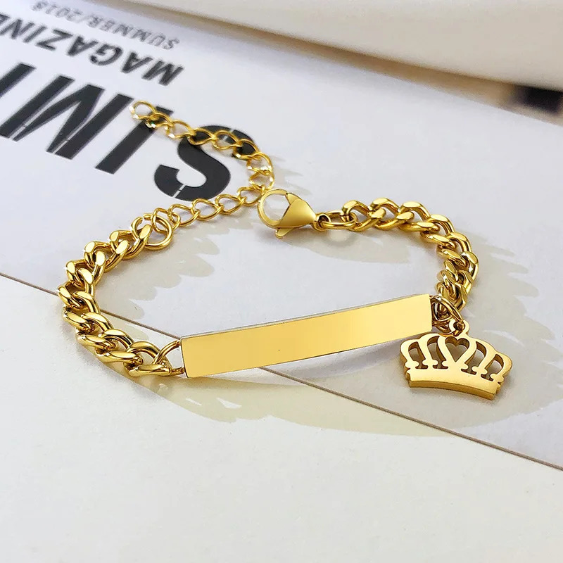 Customized Name ID Bracelet Gold Plated Boy Gift Stainless Steel Curled Chain Link Crown Bracelet Non Allergic 250408