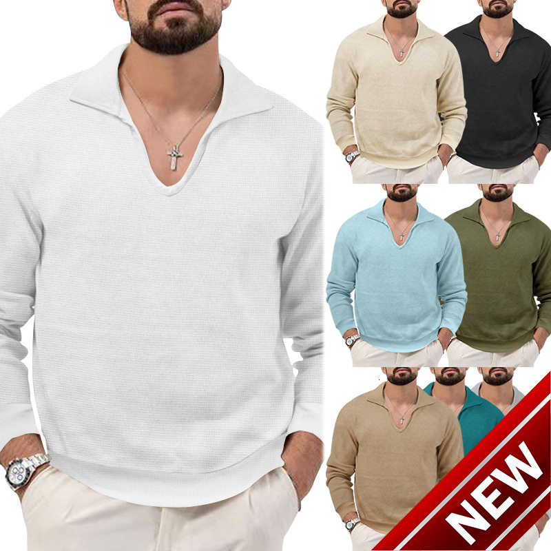 2024 autumn/winter new waffle polo shirt mens lapel loose solid color top long sleeved