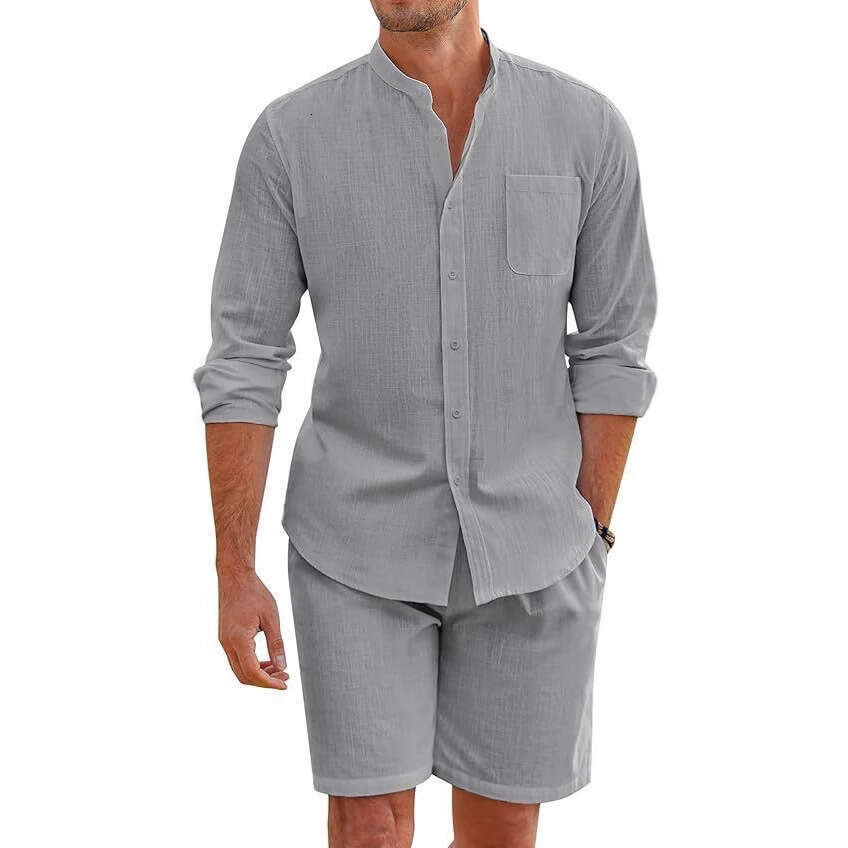 Amazon Men's Summer Two-Piece Set Polyester Button Shirt Long Sleeve Shorts Cardigan Simple Casual Beachwear
