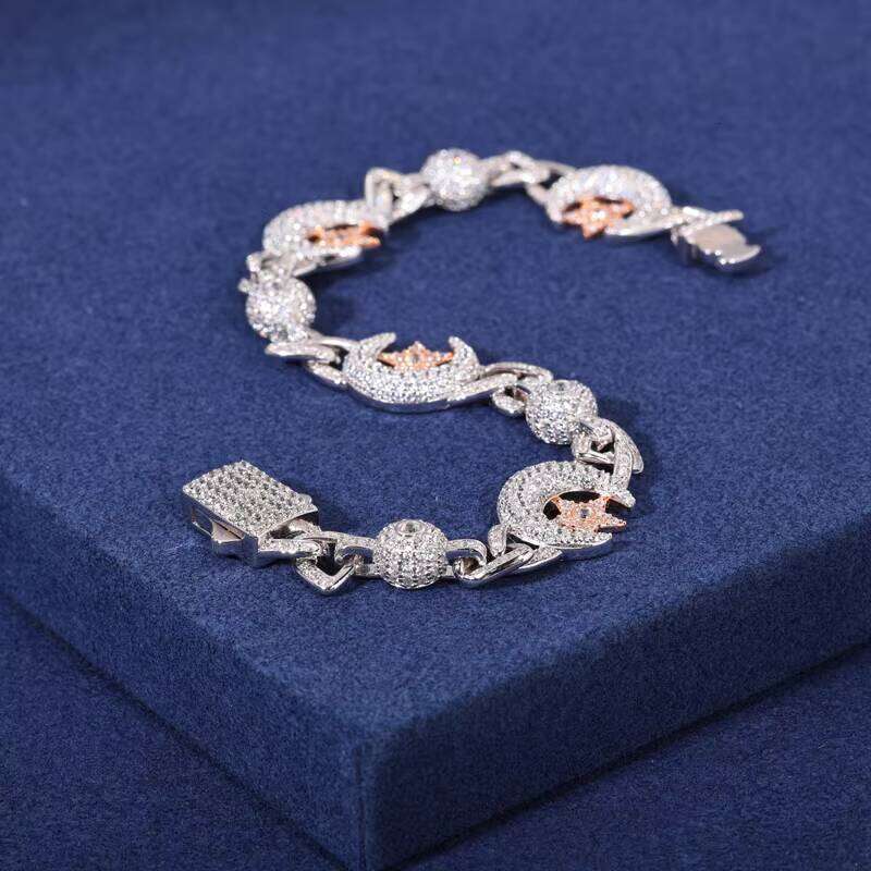 New Arrival Special Design 13mm Star Moon 925 Sterling Silver Moissanite Hip Hop Cuban Chain Bracelet
