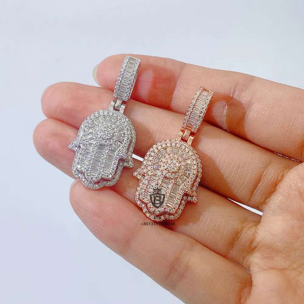 Wholesale Factory Directly Sticking Out One Layer baguette Moissanite Hamsa Hand 925 Silver Pendant