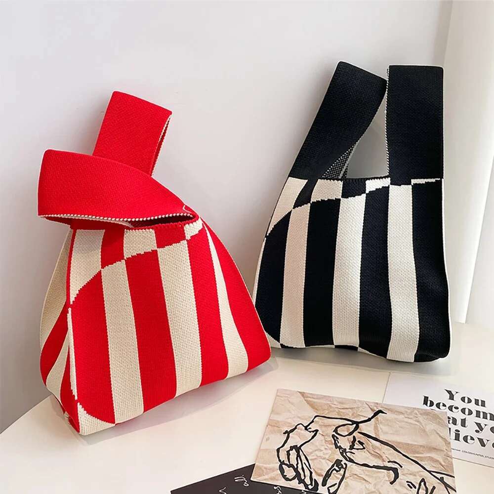 Handmade Knit Handbag Women Mini Knot Wrist-Bag Female Casual Color Wide Stripe Plaid Tote Student Reusable Shopping Bag