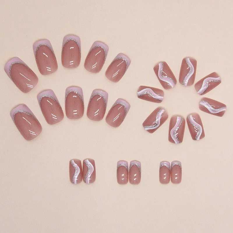 24 pieces of short French minimalist stripes with jelly and nail files sweet nail art pink and white stripes Manicure u as acrylic W250410