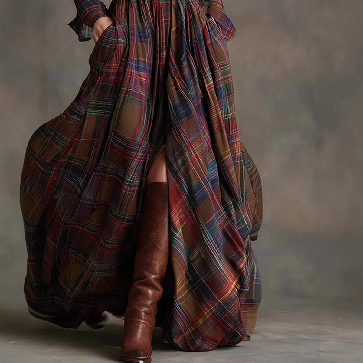 European American Womens Shirt Maxi Dress Autumn Casual Long Sleeve Button Pocket Plaid Print Lapel Retro Vestidos 251110