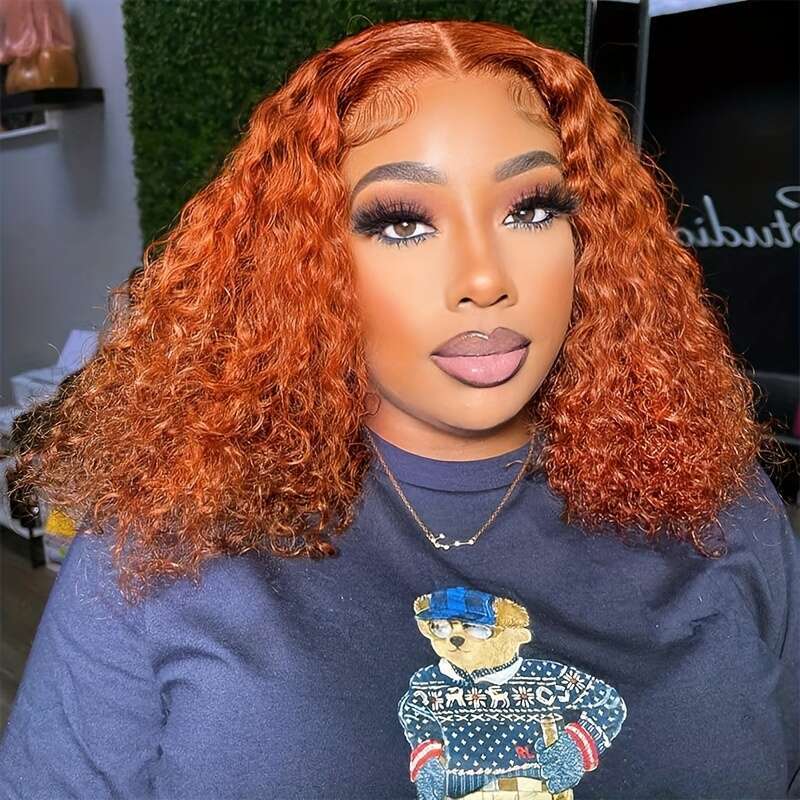 Curly 13X4 Hd Wigs Human Ginger Orange Colored 200 Ensity Deep Wave Bob Lace Front Wig Pre Plucked With Baby Hair