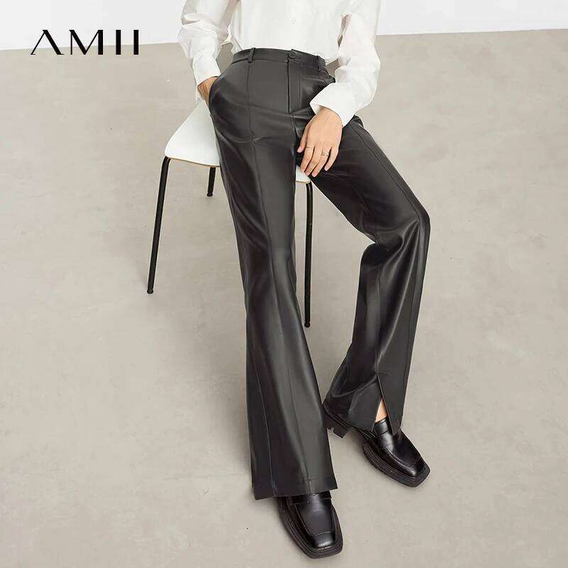 AMII Minimalist PU Leather Casual Pants For Women 2025 Autumn New Loose Floor Length Straight Slit Female Trousers 12343250
