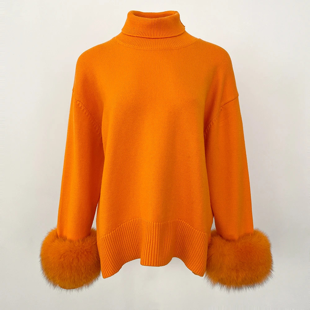 Autumn Winter Standup Collar Sweater Cuff Spliced Natural Fox Fur Sleeves Women Loose Knitted Genuine Real 251110