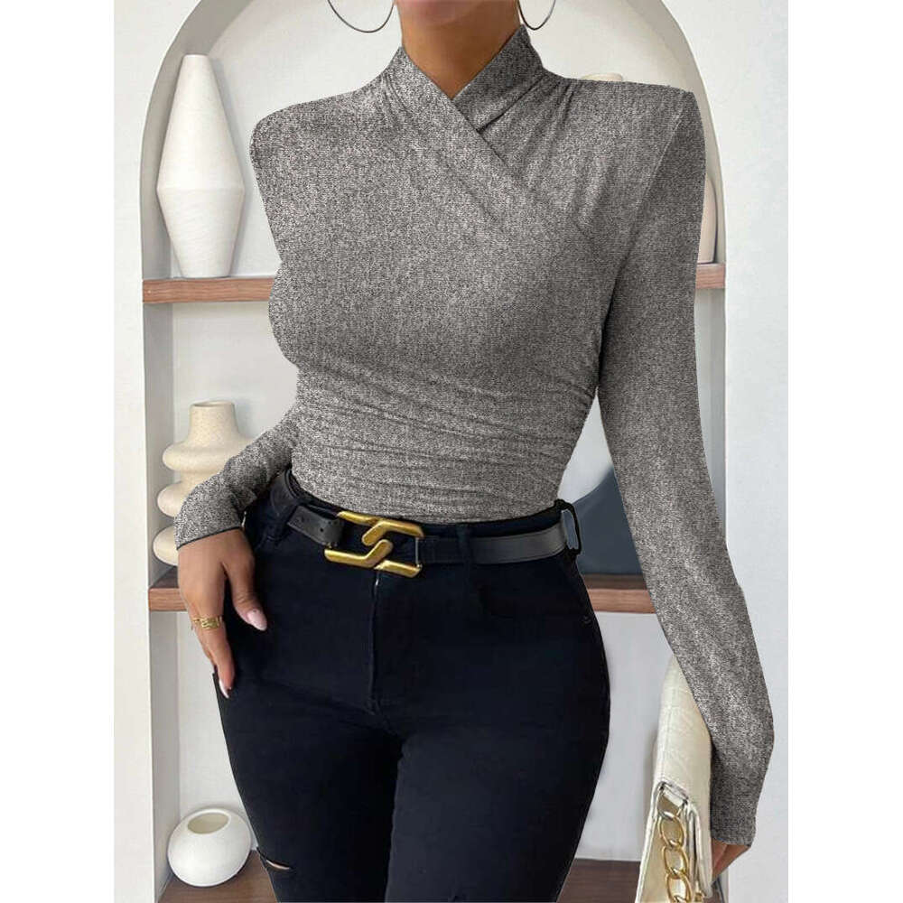 European and American Cross-Border Pullover Autumn Winter New Design Sense Cross-Neck Long Sleeve Slim Fit Versatile Solid Color Ruched T-Shirt