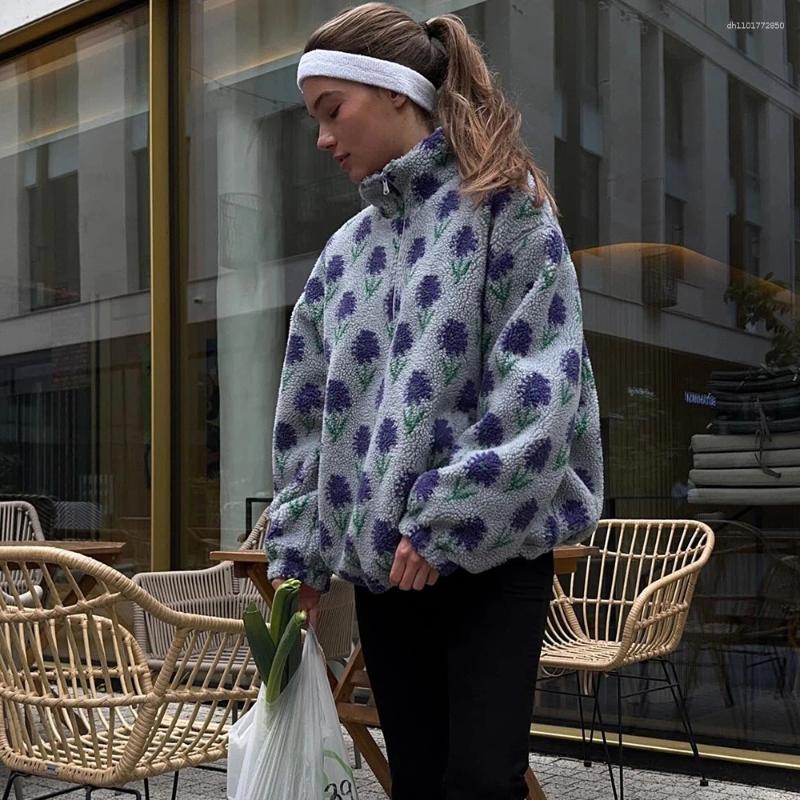 Women's Hoodies Ticketsx Women Printed Lamb Fur Vintage Fashion Floral Contrast Loose Pullover Fall Winter Casual Street Office