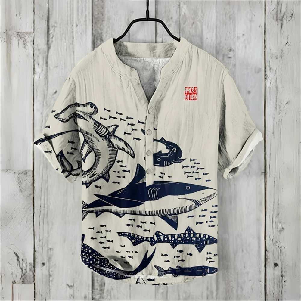 Summer mens short sleeved shirt linen printed shirt European and American popular elements octopus printed shirt X250410
