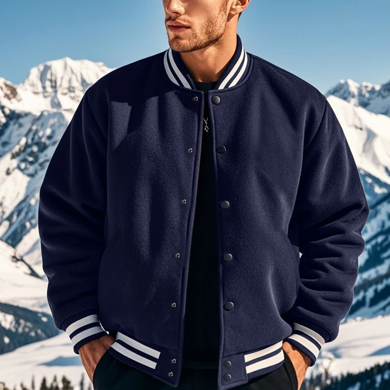 Mens baseball jacket with stand up button flight monochrome loose casual American sport autumnwinter 250401