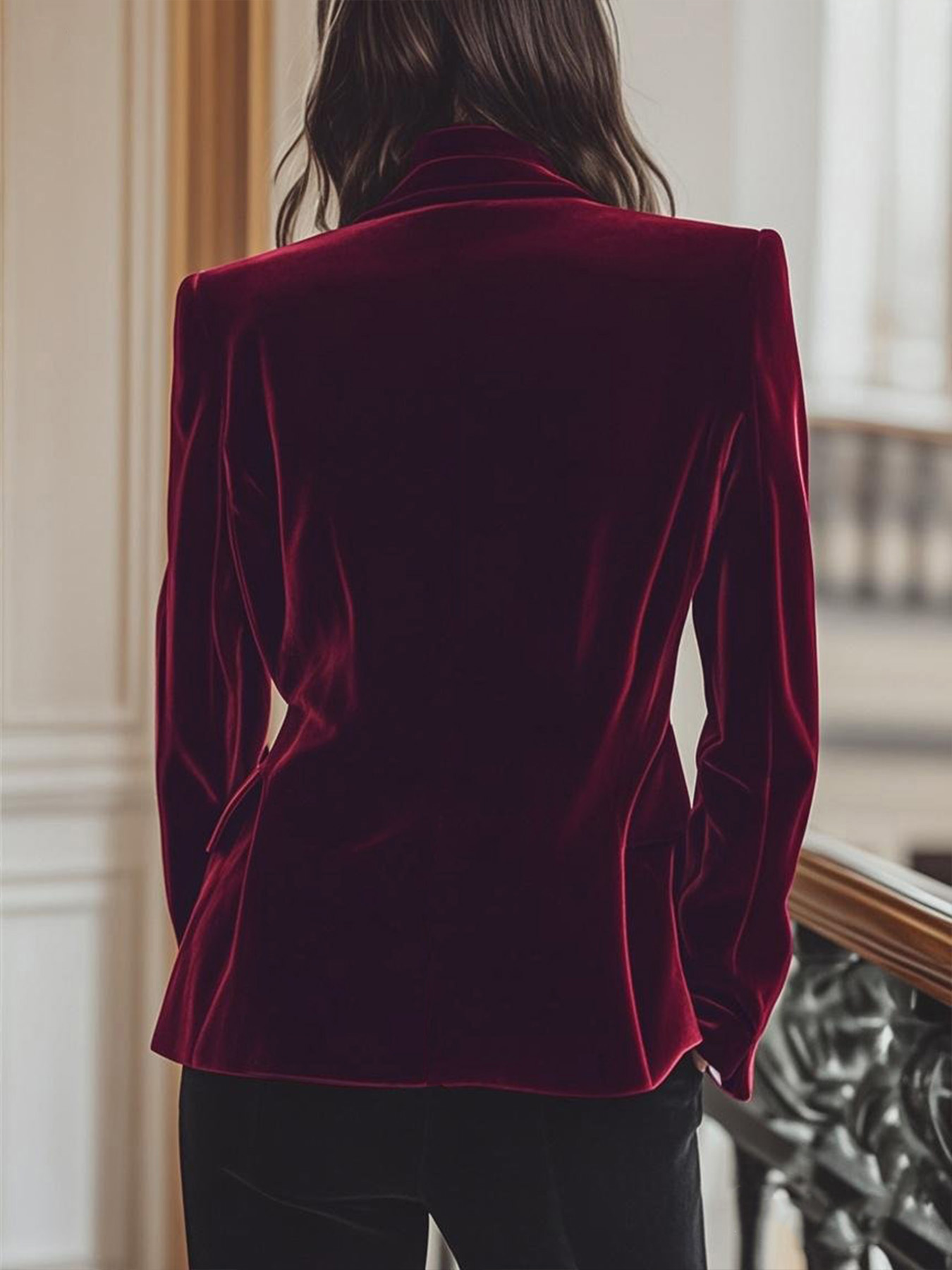 Women's Elegant Velvet Blazer, Metal Double-Breasted Slim Fit Evening Coat, Wine Red---D359