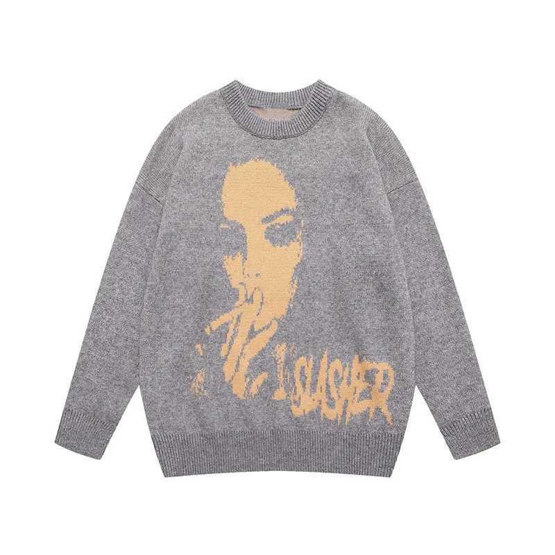 Fashion Vintage Knitted Sweater Aesthetics Harajuku Autumn Knitted Women Oversized Sweater Streetwear Portrait Print Pullover y2k Y251110