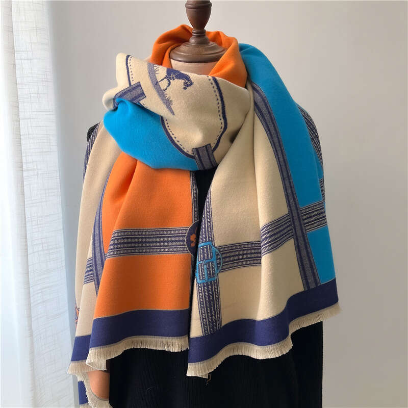 Autumn Winter European and American Foreign Trade New Color Block Tassel Fleece Scarf Women's Patchwork Thickened Shawl Fashion One Piece Dropshi