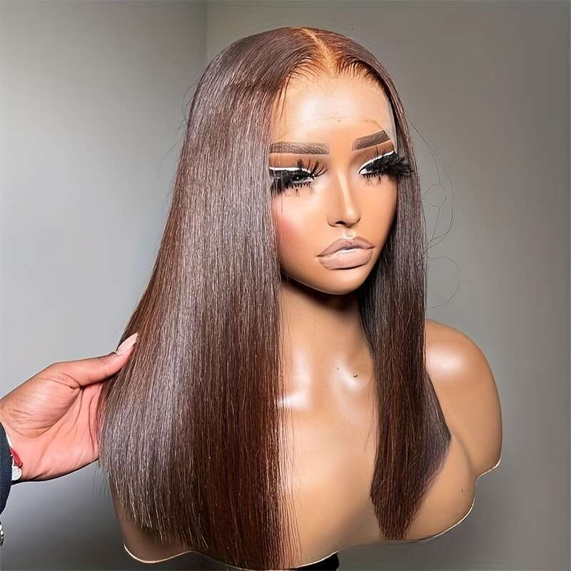 #4 Gluless Wigs Virgin 220% Chocolate Hairs 13X6x1 Middle Part Hairy Straight Bob 14Inch/16Inch/18Inch Dark Brown Brazilian Human Hair Lace Front Wig 