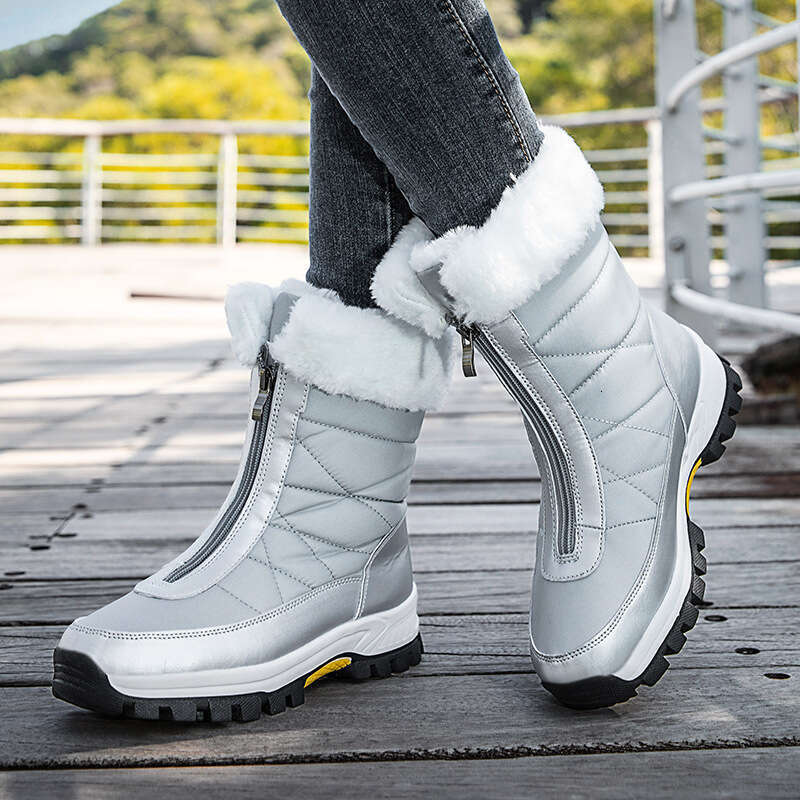 Warm Waterproof Snow Boots for Women, Fleece-Lined Thickened with Front Zipper, Northeastern Cotton Boots, Women's Winter Outdoor Shoes