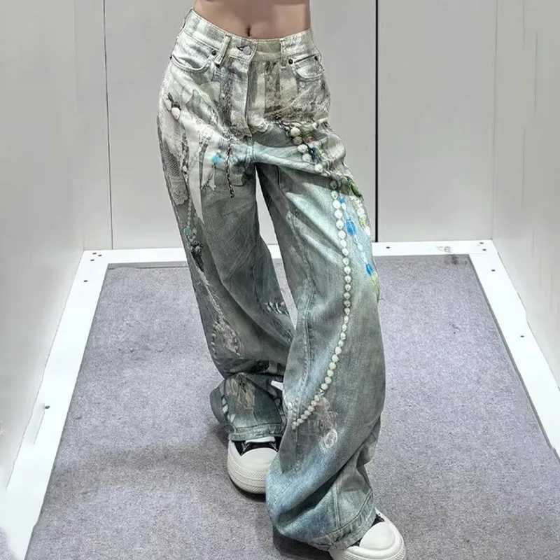 Korean Retro Printed Jeans 3d Chain Lace Pants High Waisted WomenS Jeans Straight Leg Pants Baggy Jeans Y2k C251110