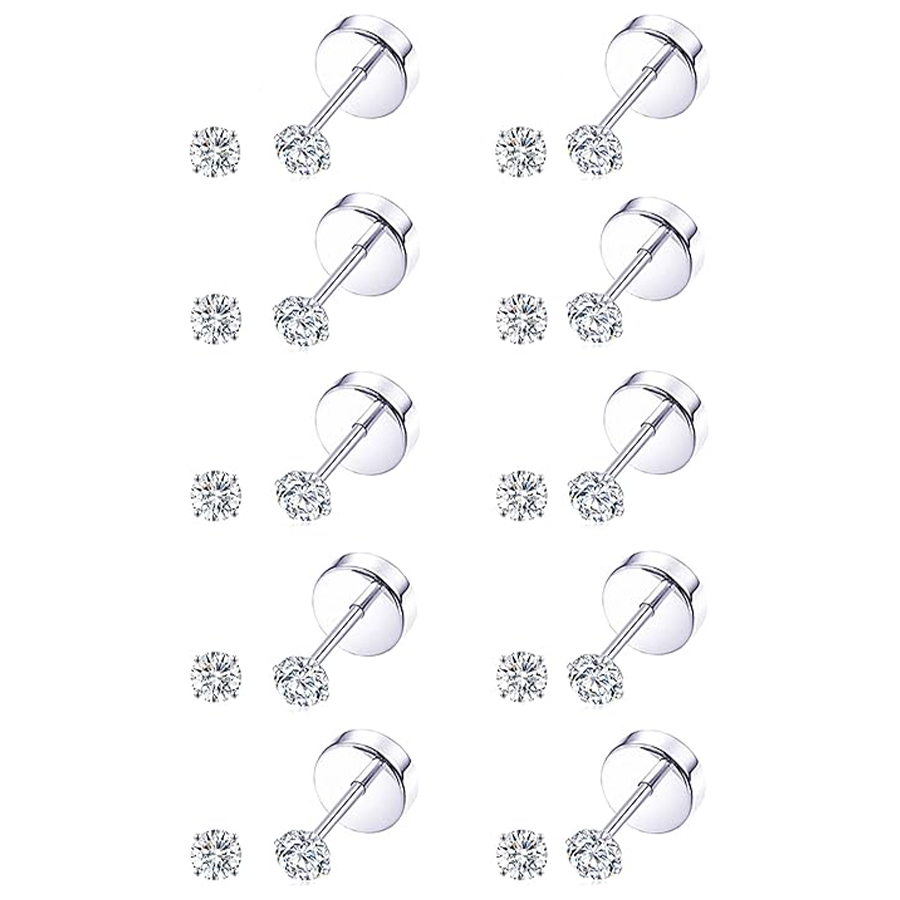 10 Pairs Tiny Cartilage Stud Earrings Stainless Steel Small Round CZ Stud Earrings Tragus Piercing Earring Set for Men Women Screw Flat Back 20G