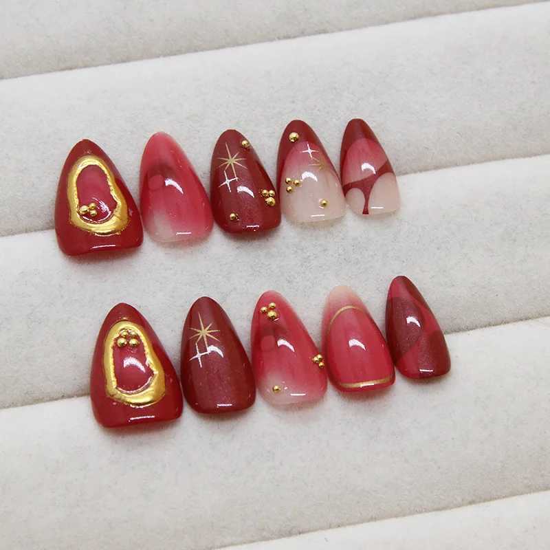 24 pieces of deep red simple French fake nails Baroque Starry Ins pressed on nails suitable for women to wear detachable short almond fake nails W2504