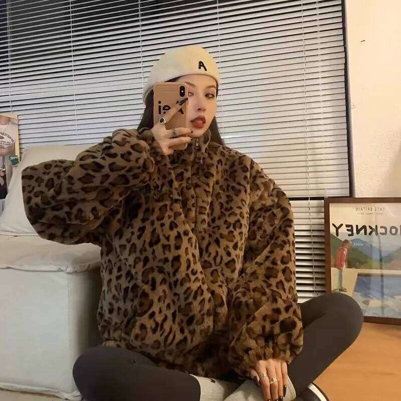 Leopard Winter Coats Women Streetwear Vintage Thicken Imitation Mink Veet Outwear Loose Casual Zipper Hotsweet Haruku Tops
