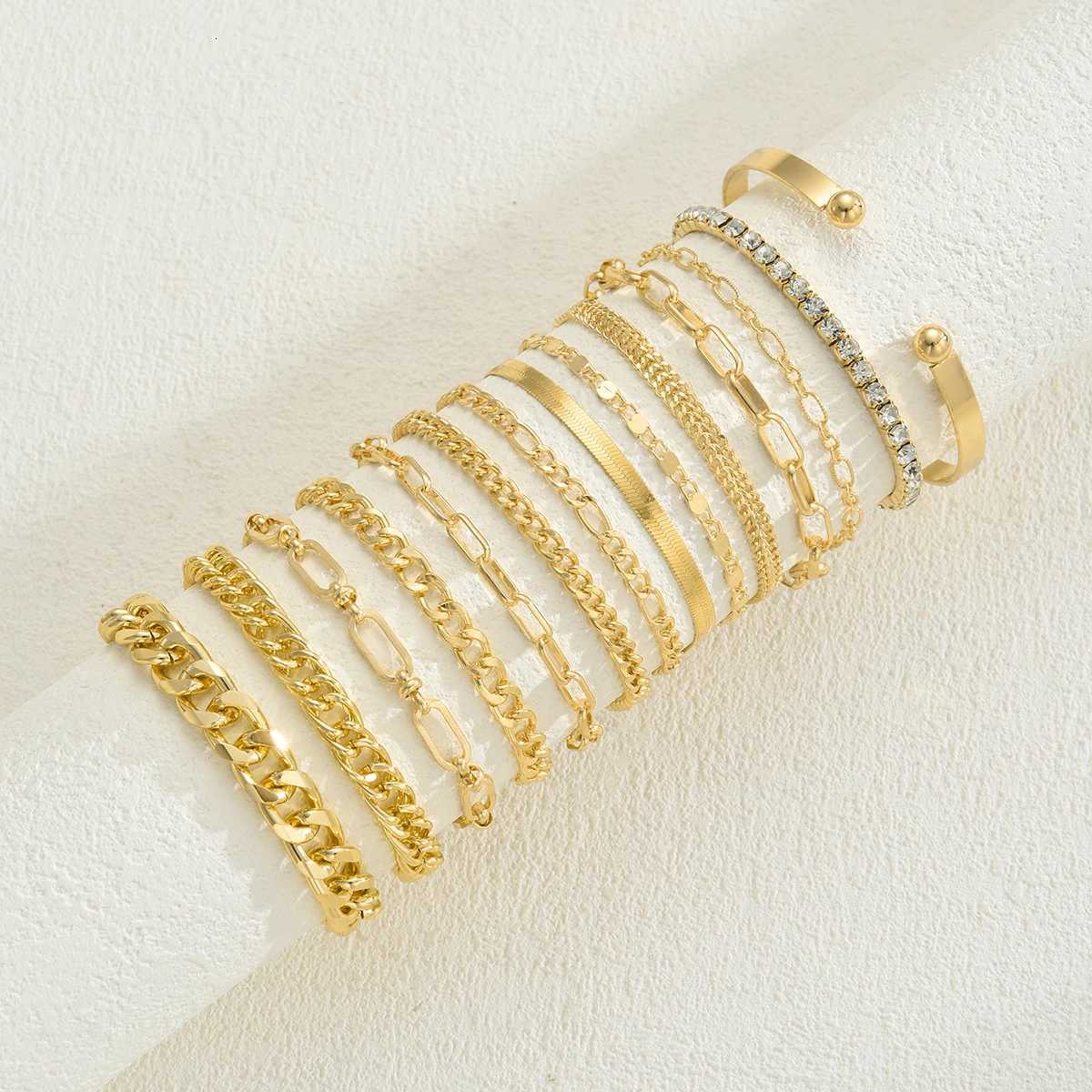 14pcs Elegant Minimalist Multi-Element Metal Chain Bracelet Set Vintage Rhinestone Twist Chain Metal Bracelets For Women JewelryT251110