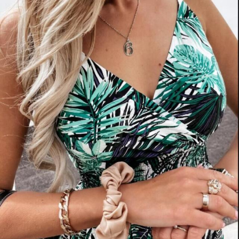 Fashionable new hot selling women's high waisted printed suspender dress with large swing