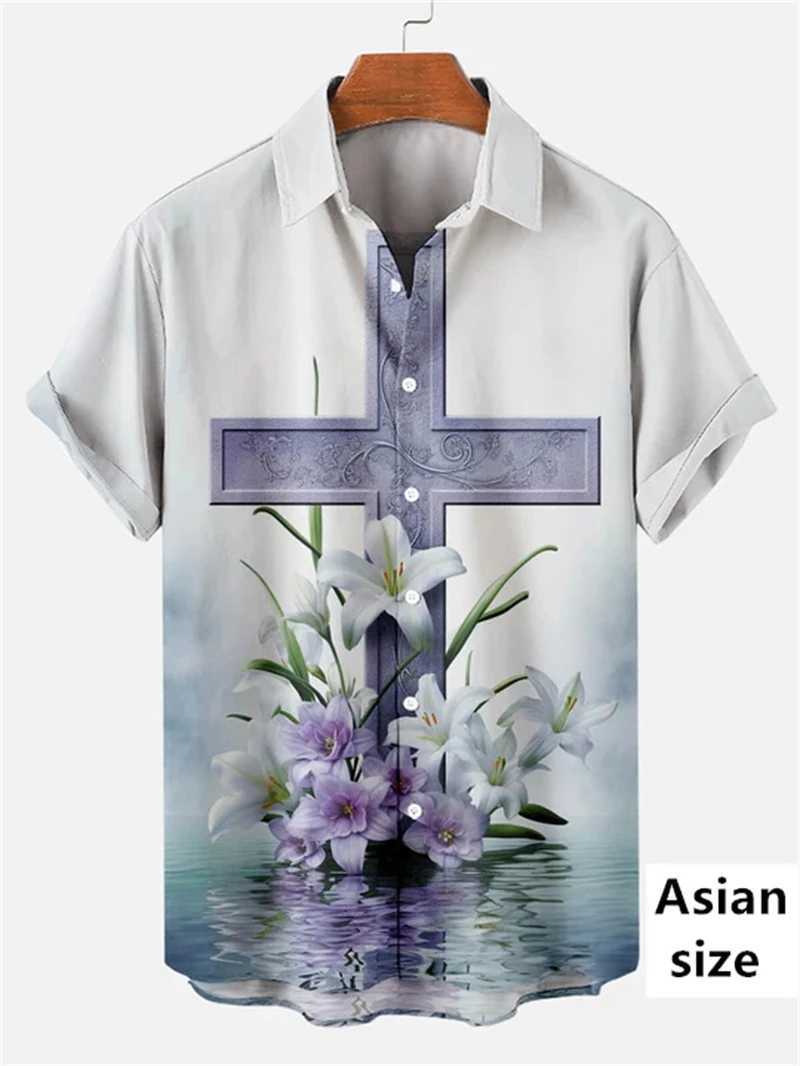 Easter Summer Jesus Cross Mens Short Sleeve 3D Printed Rabbit Egg Printed Button Up Shirt Casual Christian Shirt X250410