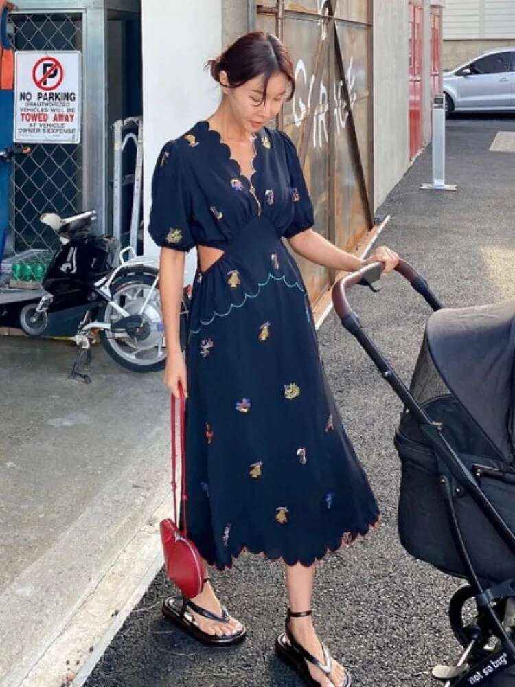 Women's Summer Vintage Long Embroidery Wer Chiffon Dress Hollow Out Waist Curvy V Neck Midi Sundress Korea Style