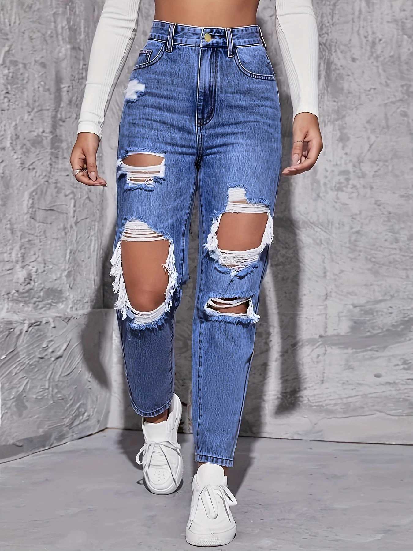 American Retro Hole-punched Jeans Women High Waist Straight-crotch Loose Slim Design High-street Wide-legged Dragging Pants C251110