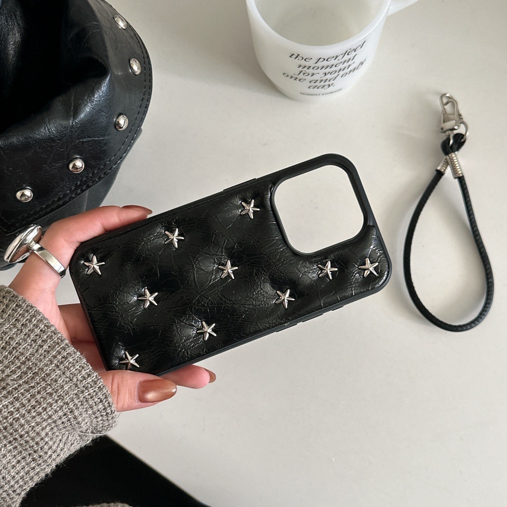 Black Oil Wax Leather Pentagram Rivet Phone Case Compatible with iPhone 17/16 Simple Anti-drop iPhone 15/14 Pro Niche