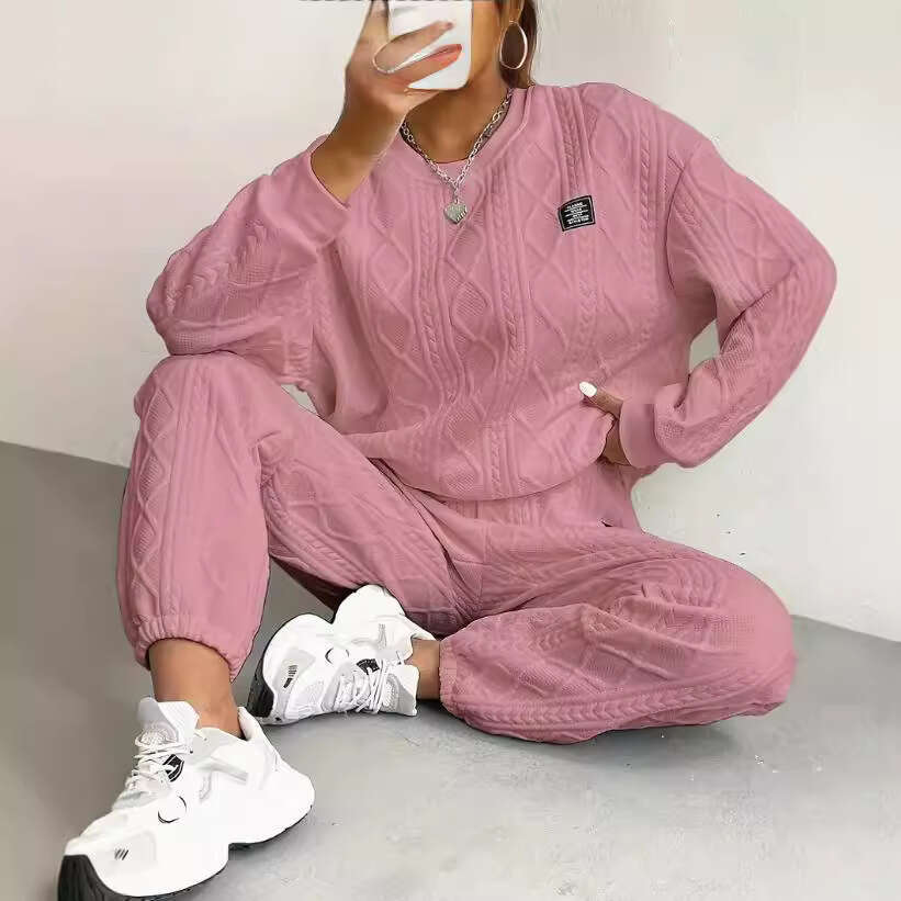 2024 autumn winter new European American women's jacquard long sleeved casual round neck hoodie and pants set