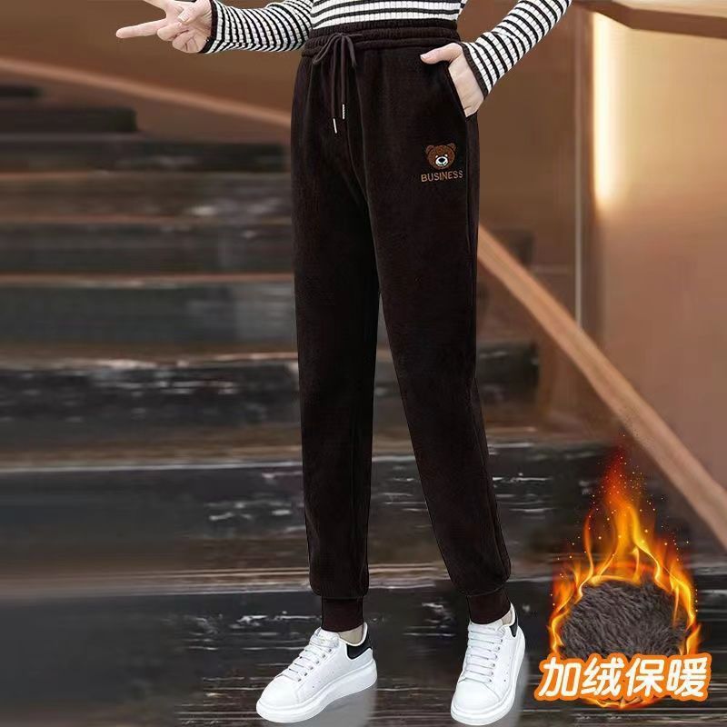 Fleece-Lined Thickened Sweatpants for Women 2025 Autumn Winter High-Waisted Joggers Slimming Bear Embroidery Corduroy Casual Sports Pants 201102 Z2603