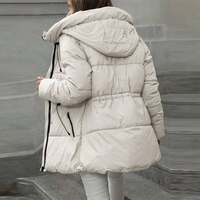 Versatile Classic Cotton Jacket Mid To Long Zipper Warm Hooded Padded Women Fashionable Trendy Casual Winter Female Outerwear