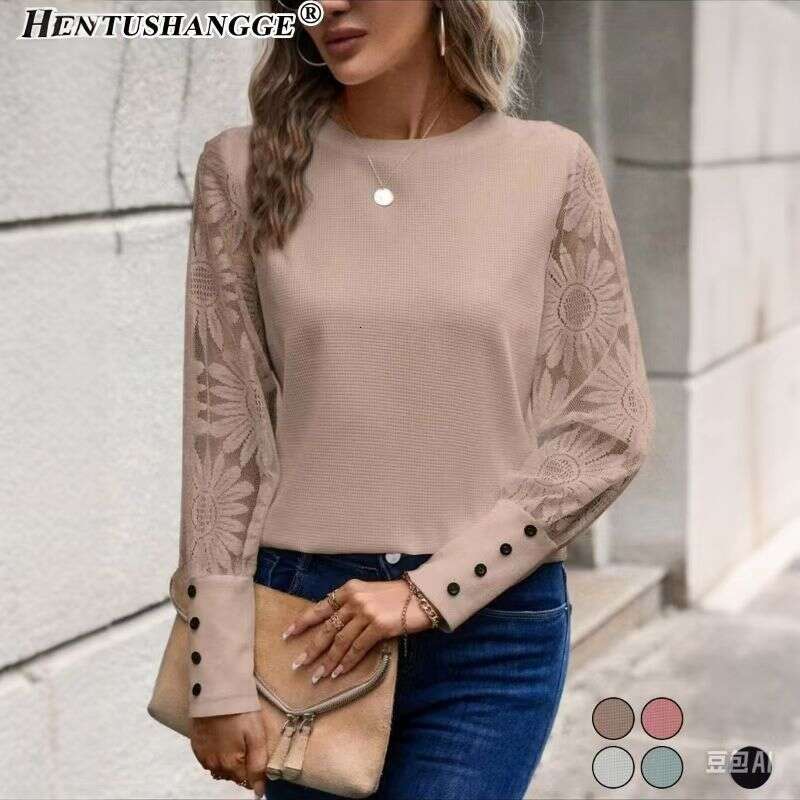 2024 Autumn Hot-Selling European and American Foreign Trade Amazon Solid Color Long Sleeve Embroidered Lace Patchwork Waffle Round Neck Top