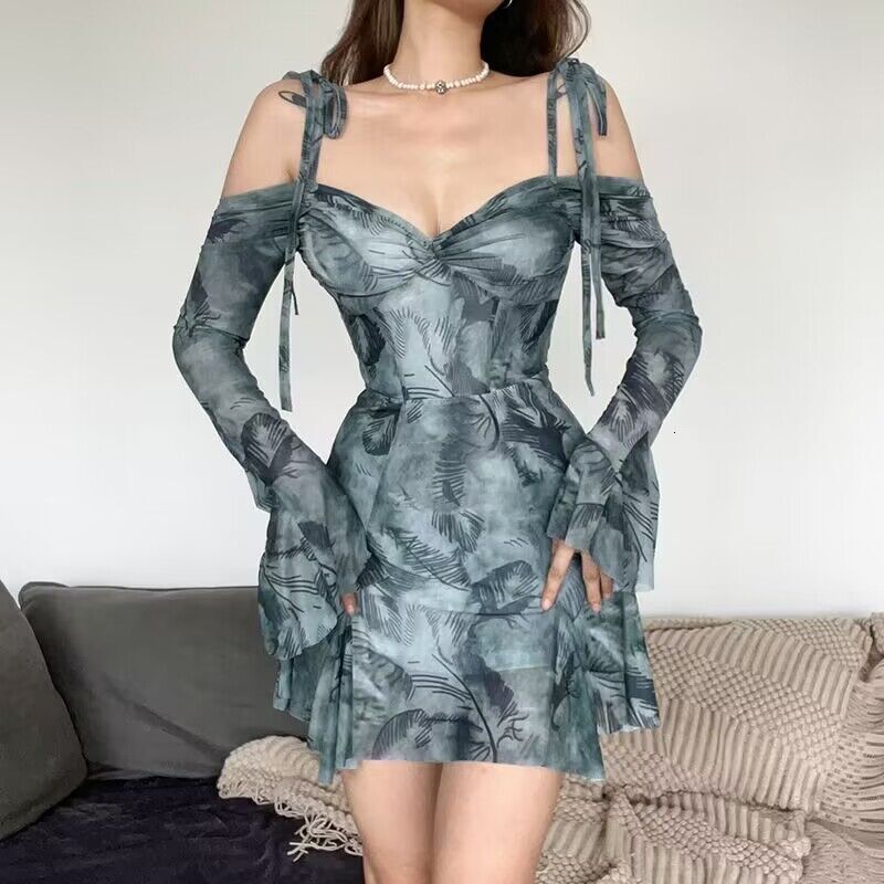 Women's 2025 Summer Sexy Off Shoulder Flare Sleeves Printed Waist Shrinking Slim Strap Dress