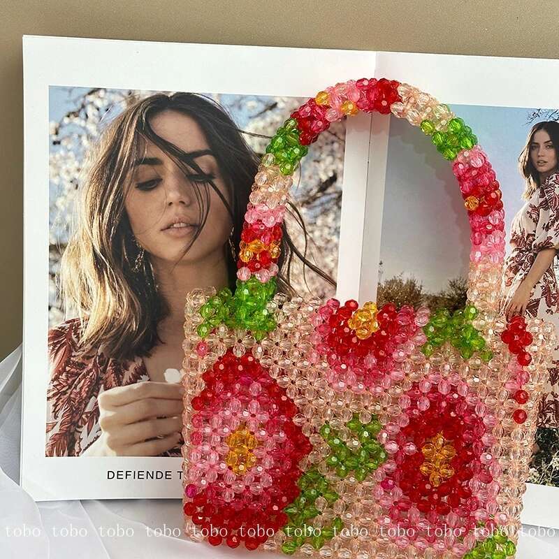 Pearl Beaded Bag With Wer Pattern Designer Brand Clear Acrylic Stone Box Tote Handbag Summer Fashion Handmade Party Purse