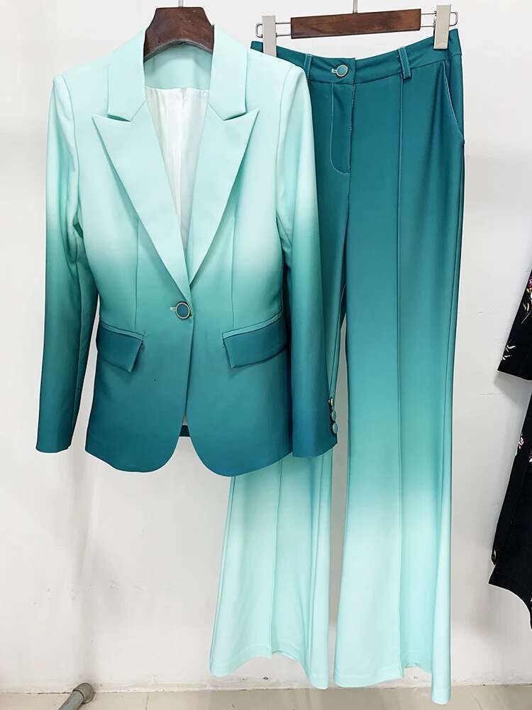 Newest Fashion 2024 Designer Set Women's Single Button Blazer Gradient Color Printed Flare Pants Suit 2Pcs