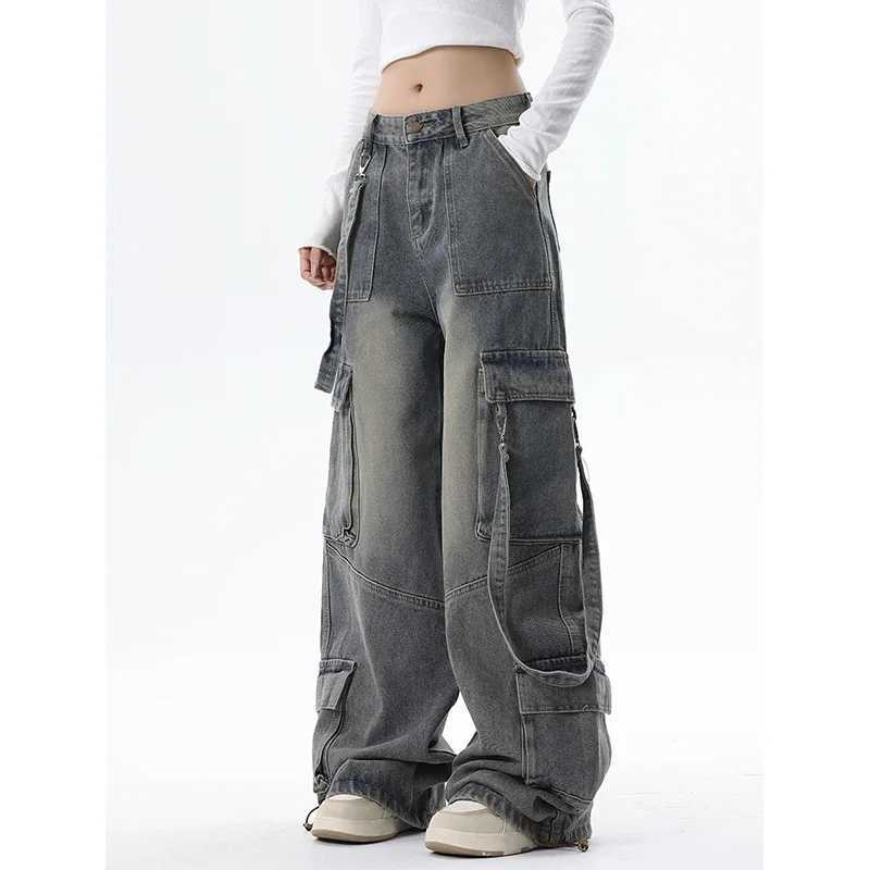 Women Blue Jeans Cargo Pants Streetwear High Waist Wide Leg Pants Fashion Y2K Style Female Winter Straight Trousers C251110