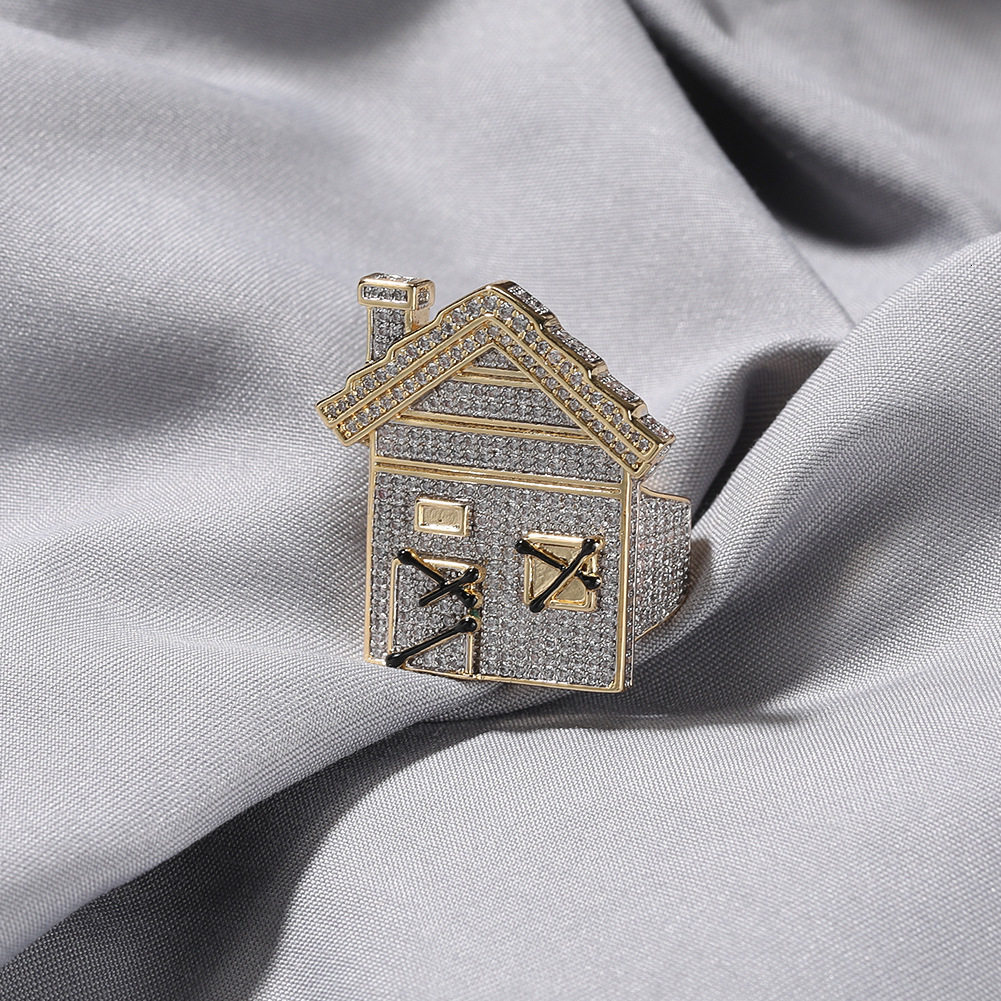 Fine Quality Trendy Niche House Finger Ring For Men Hip Hop 14k Real Gold Plated Full Iced Out Cubic Zirconia Rapper Mens Shiny Punk Rock Rings Bijoux