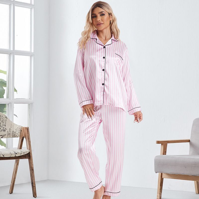 Designer's new pajamas for female nurses, striped pink and white ice silk cardigan, long pants, long sleeved home clothes, pajamas for women