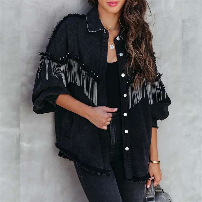 Fashion Chain Splicing Decoration Jacket Women Vintage Tassel Denim Coat Female Single-Breasted Cardigan Casual Loose Outerwear