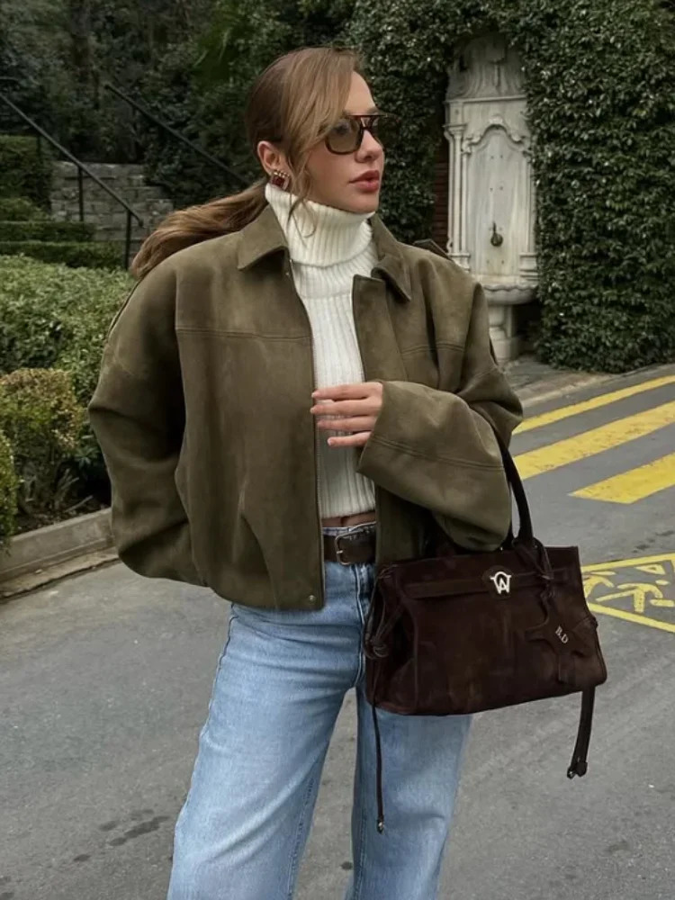 Casual womens collar suede jacket fashionable long sleeved zipper loose short 2025 spring business office bomber 250407