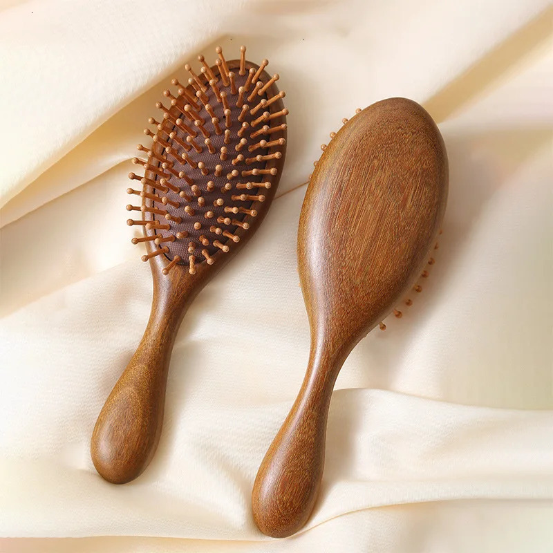 Golden Sandalwood Air-Cushion Hairbrush - Vintage Wooden Scalp Massager for Long Hair Care 251107