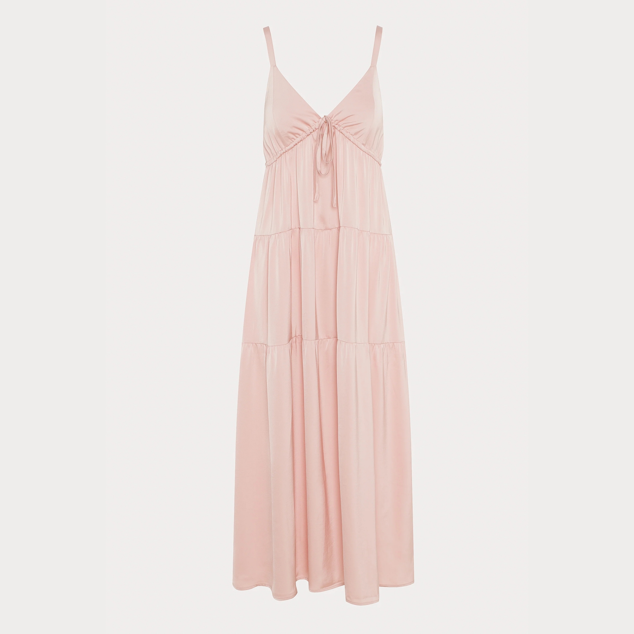 Women's Pink Satin Sweetheart Neck Maxi Dress, Loose Fit Drawstring Tiered Ankle-Length Gown