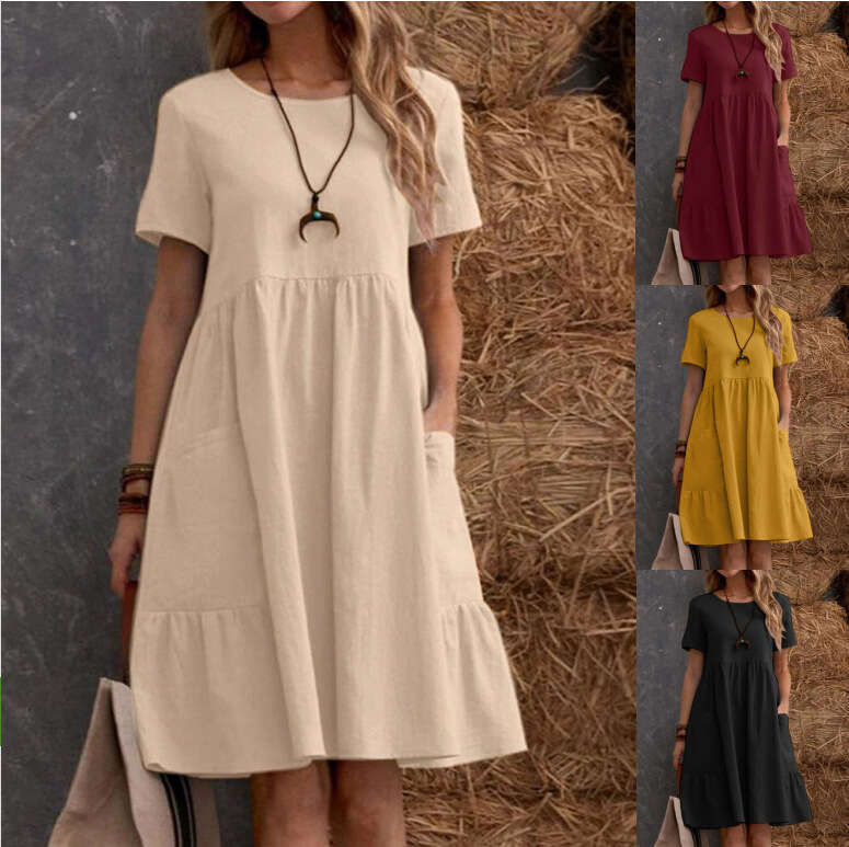 2025 Summer European and American Cross-Border TEMU Independent Station Retro Loose Pocket Solid Color Round Neck Women's Cotton Linen Dress