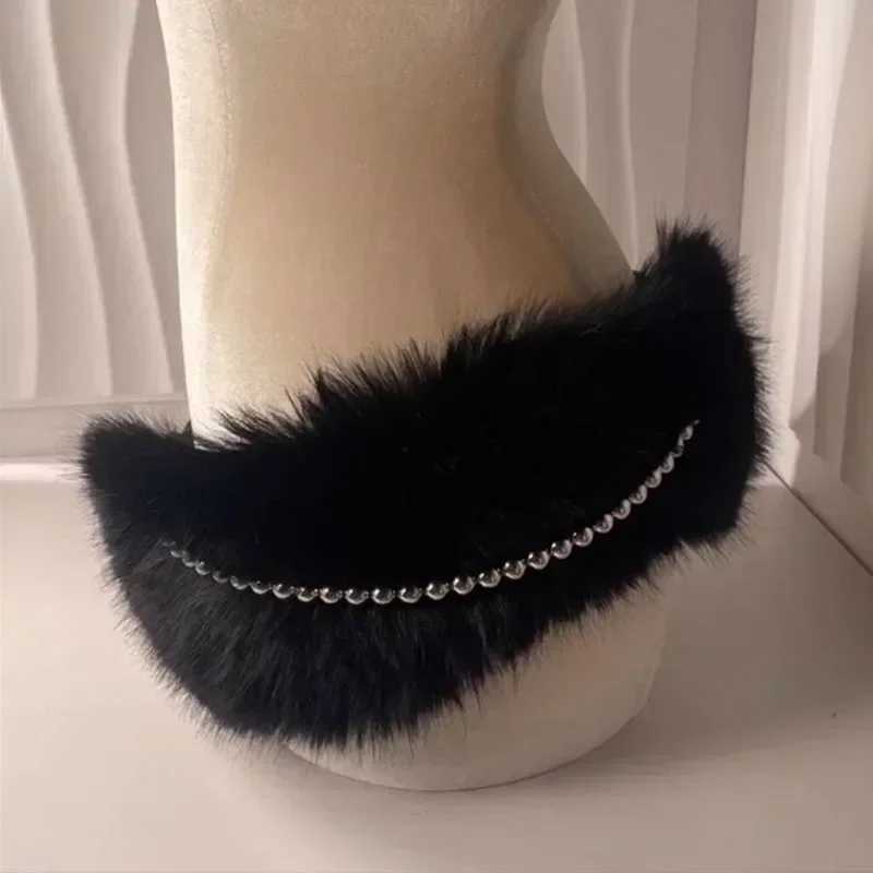Vintage faux fur belt Y2K metal bead chain plush waist chain fur sexy denim belt punk belt jeans nightclub X250410