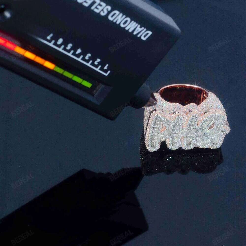 Custom Letter Iced Out Vvs Moissanite Hip Hop Ring Pass Dia Test Sier Rose Gold Plated Fine Jewelry Rings Men