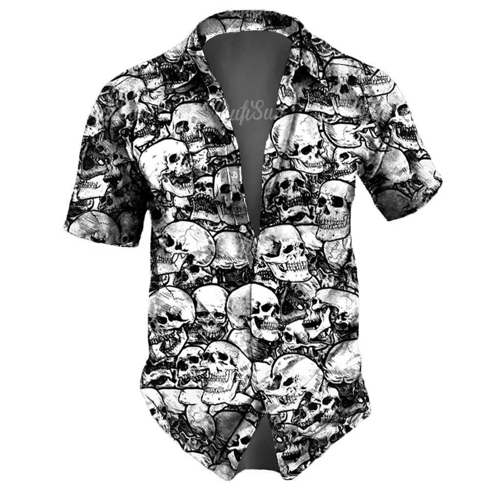 Skeleton mens summer casual shirt Hawaiian lapel streetwear retro street short sleeved party vacation Wansheng Festival X250410