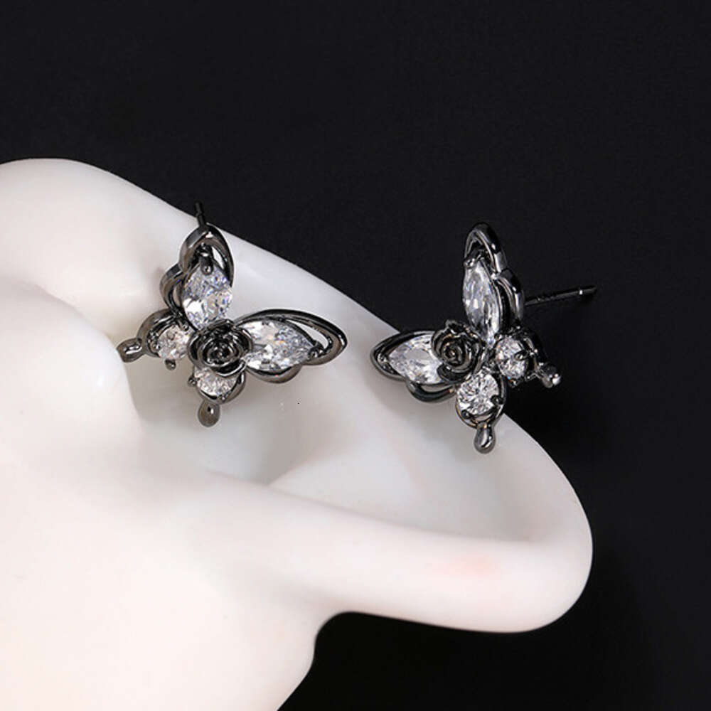 Gun Black Rose Butterfly Earrings for Women, Light Luxury Niche Design, Dark High-End Feel, Exquisite and Petite Ear Jewelry